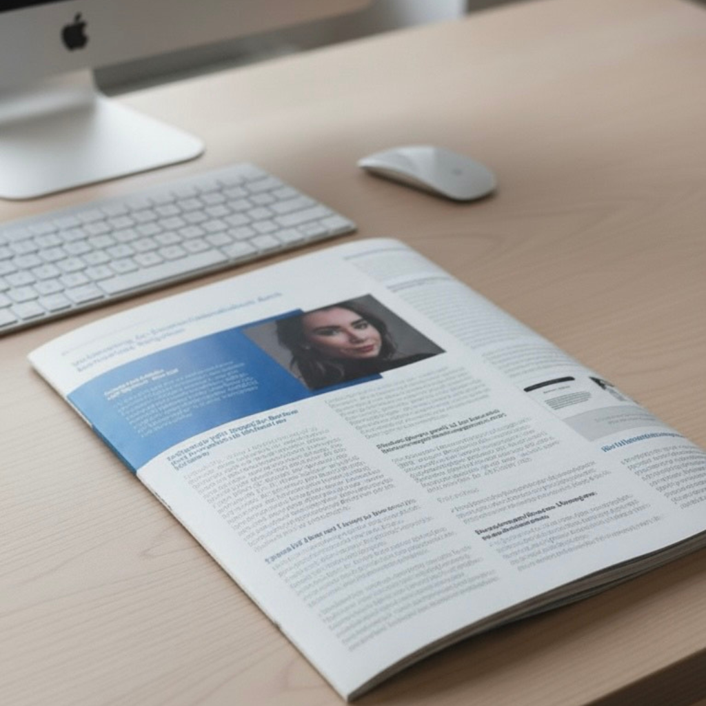 Gedrucktes OMT-Magazin auf Schreibtisch mit offenem Artikel von Sara Höß über barrierefreie Navigation.