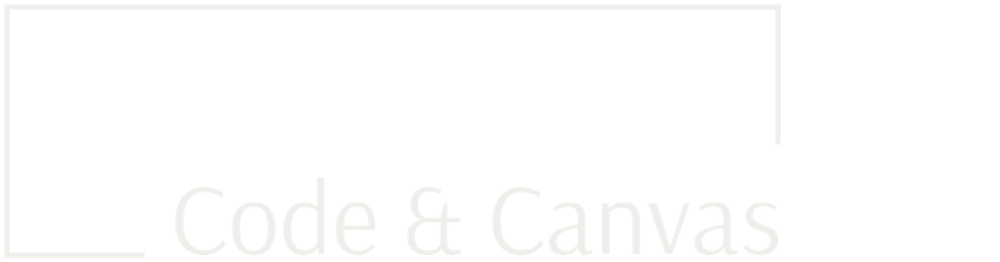 Weißer Schriftzug „Code & Canvas“ mit minimalistischer Liniengrafik auf transparentem Hintergrund