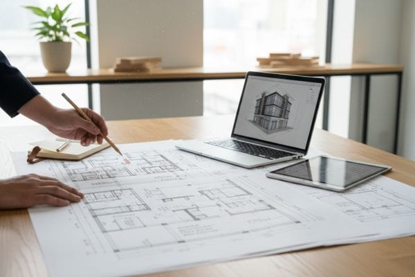 Hand zeichnet Bauplan auf Architekturzeichnung am Schreibtisch