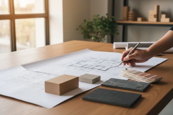 Hand zeichnet auf Bauplan mit Stift neben Materialmustern und Farbpalette auf einem Holztisch