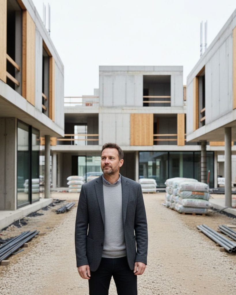 Mann auf Baustelle vor moderner Architektur eines Bauprojekts