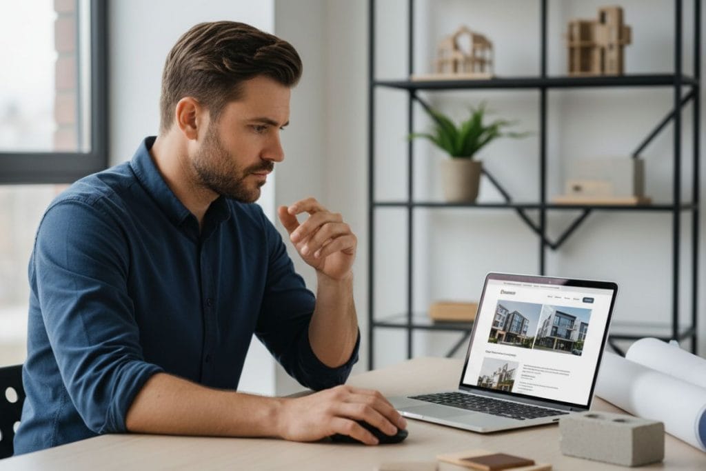 Mann sitzt am Schreibtisch und betrachtet eine Website auf dem Laptop neben Architekturmodellen