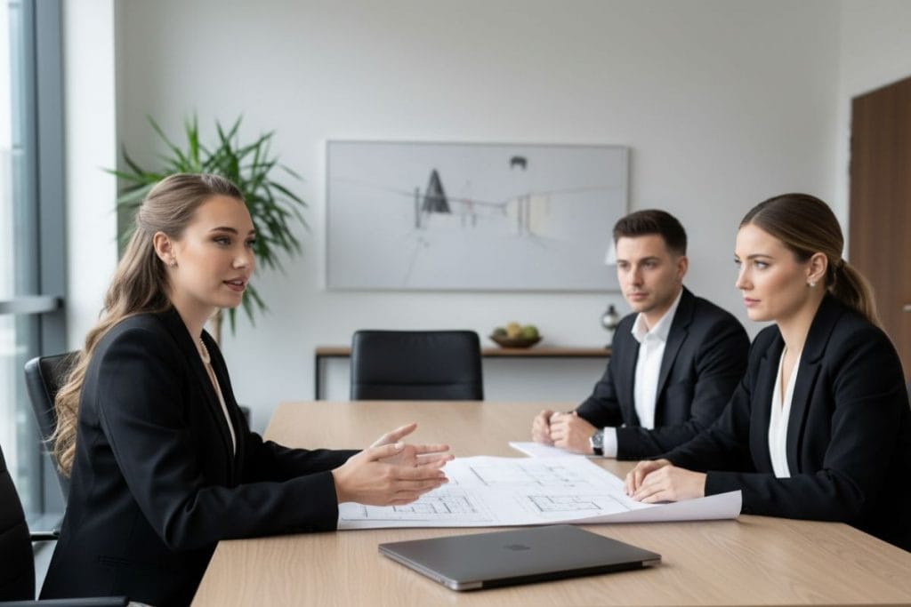 Drei Personen sitzen am Tisch mit Bauplänen und besprechen gemeinsam ein Projekt
